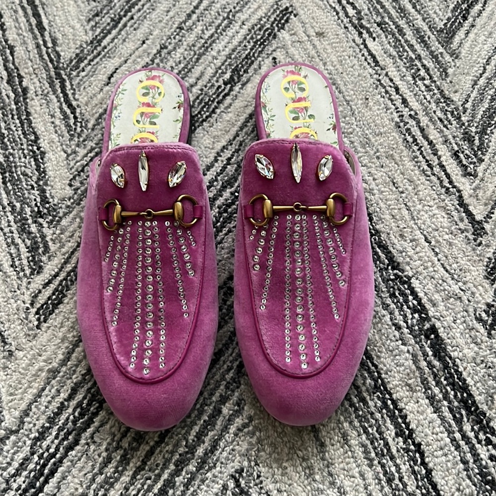 100% Authentic Gucci Horsebit Princetown Pink Velvet Mules Size 39